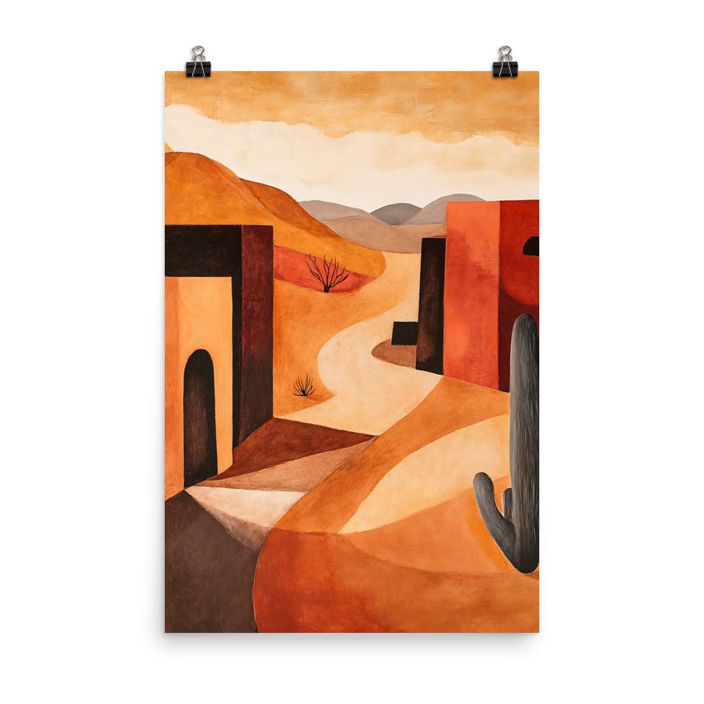 Boho Desert Landscape with Cactus and Adobe Houses Poster - Oh Posters