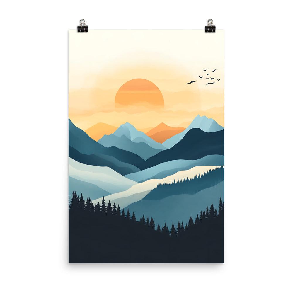 Boho Mountain Sunset Landscape with Birds and Forest Silhouette Poster - Oh Posters
