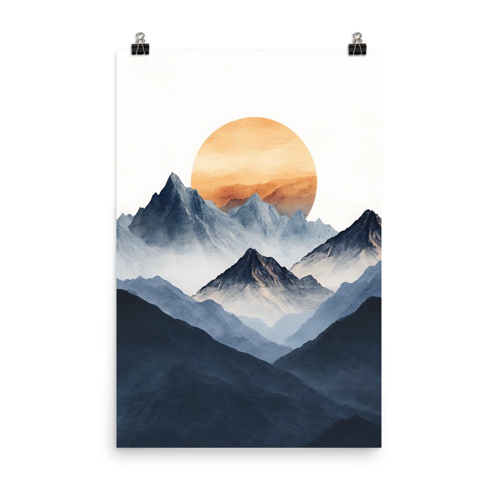 Boho Mountain Sunrise with Serene Peaks and Warm Sun Poster - Oh Posters