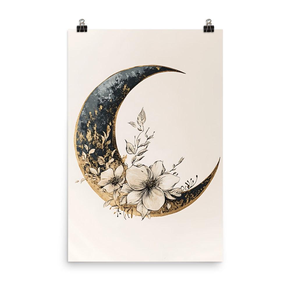 Boho Floral Crescent Moon Art with Elegant Botanical Details Poster - Oh Posters