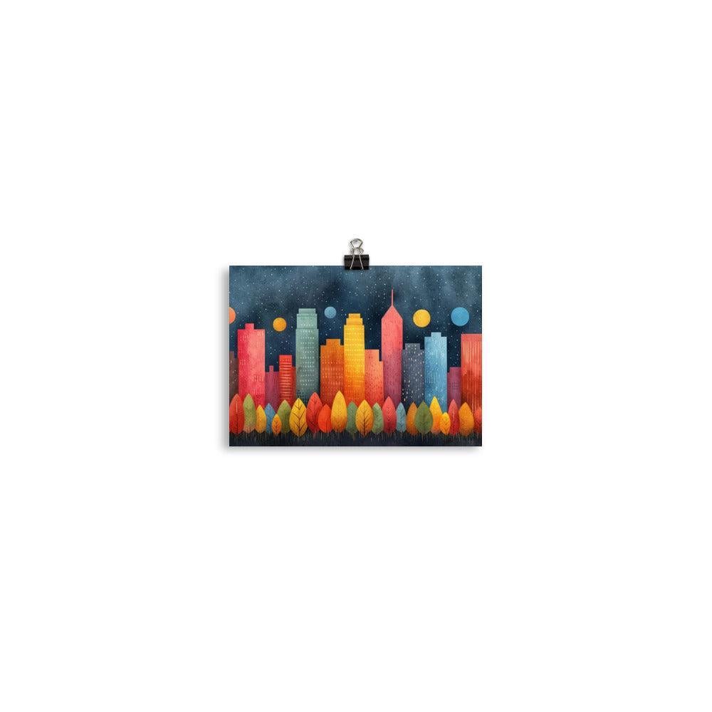 Colorful City Skyline with Night Sky Drawing Style Poster - Oh Posters