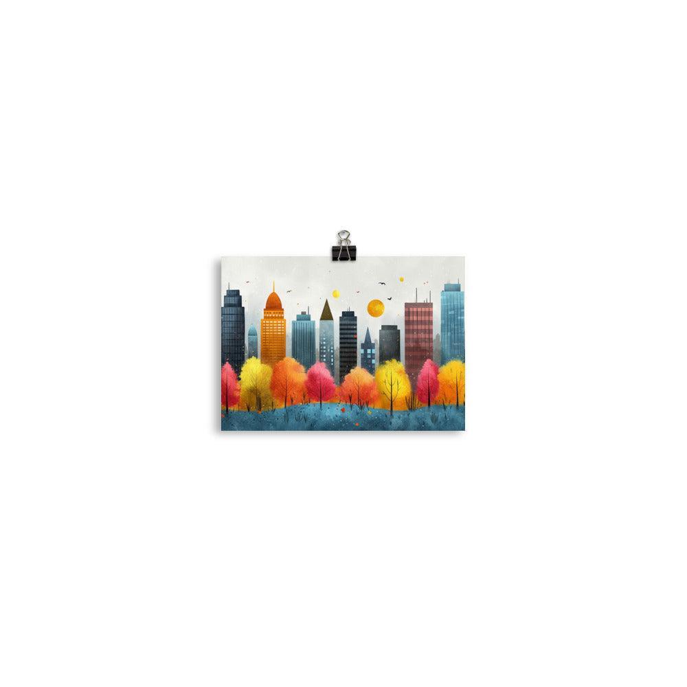 Colorful City Skyline with Cloudy Sky Drawing Style Poster - Oh Posters