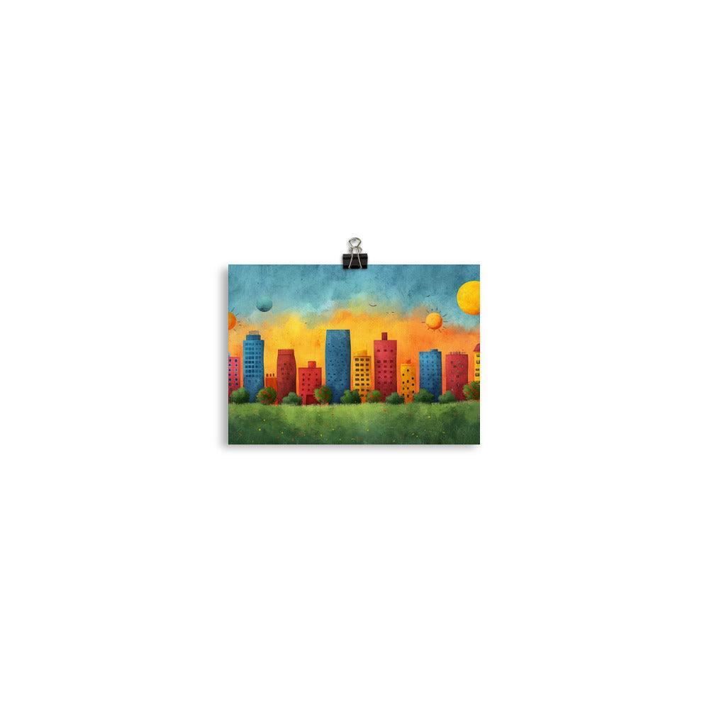 Colorful Urban City Skyline with Sunny Sky Drawing Style Poster - Oh Posters