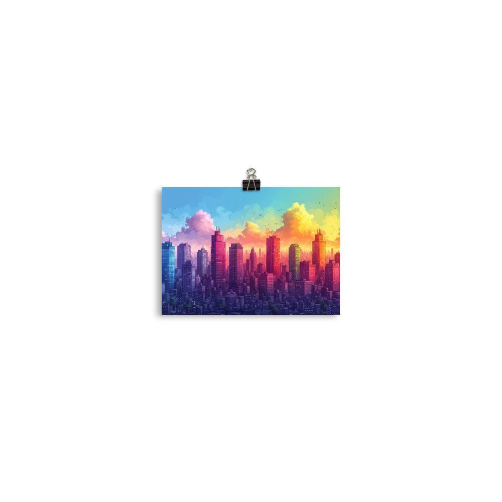 Colorful Mega City Skyline with Sunrise Sky Drawing Style Poster - Oh Posters