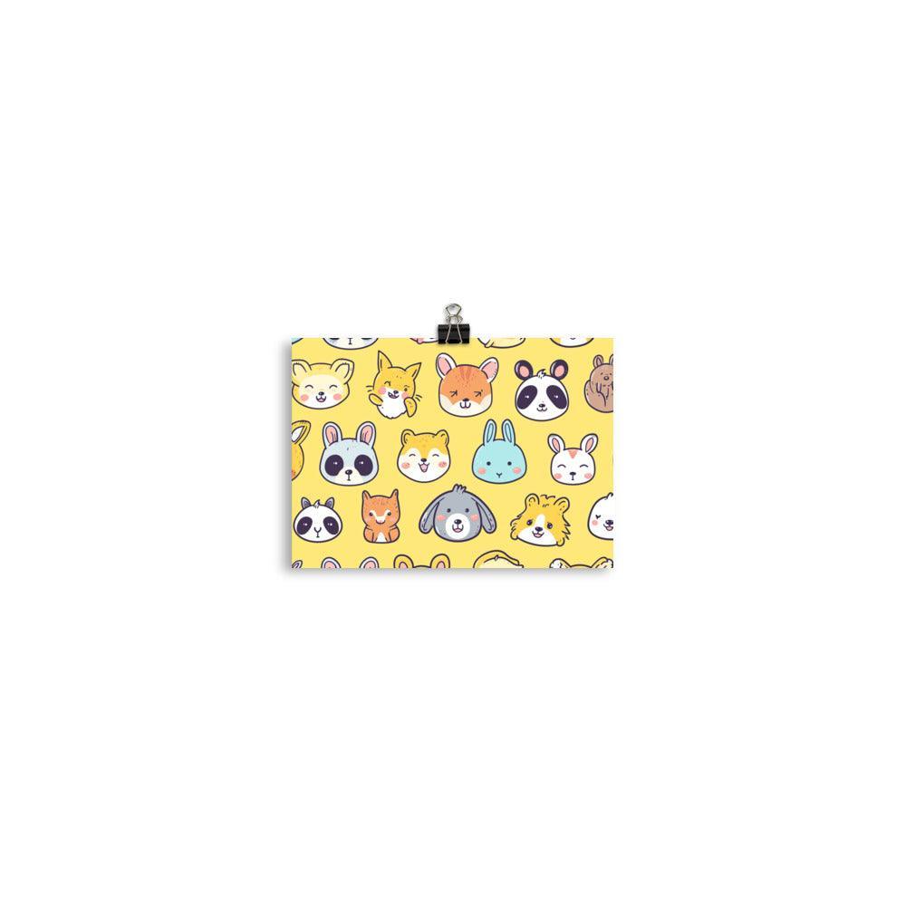 Kawaii Animal Faces Cute and Colorful Collection on Yellow Poster - Oh Posters