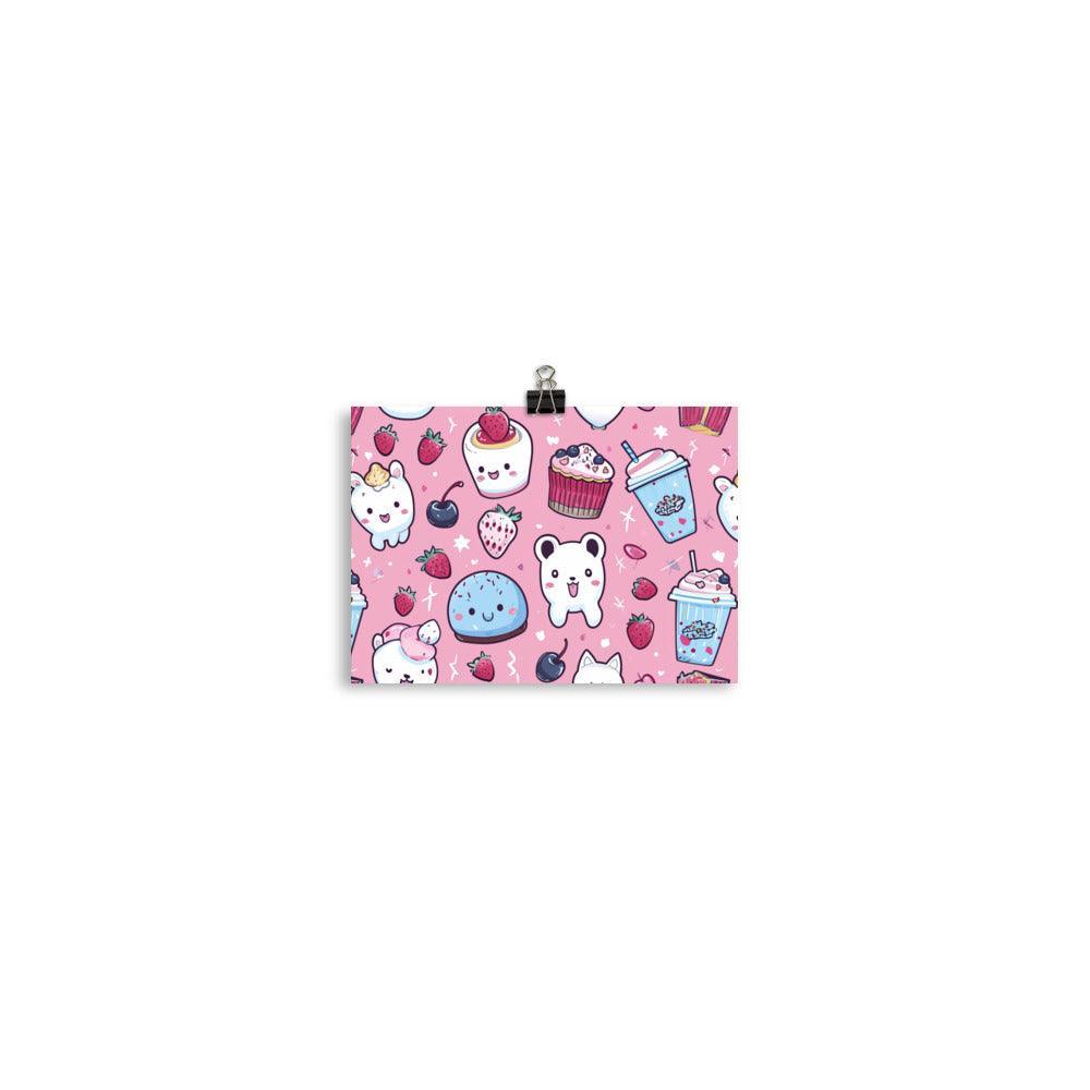 Kawaii Desserts and Beverages Adorable Characters Pattern on Pink Poster - Oh Posters