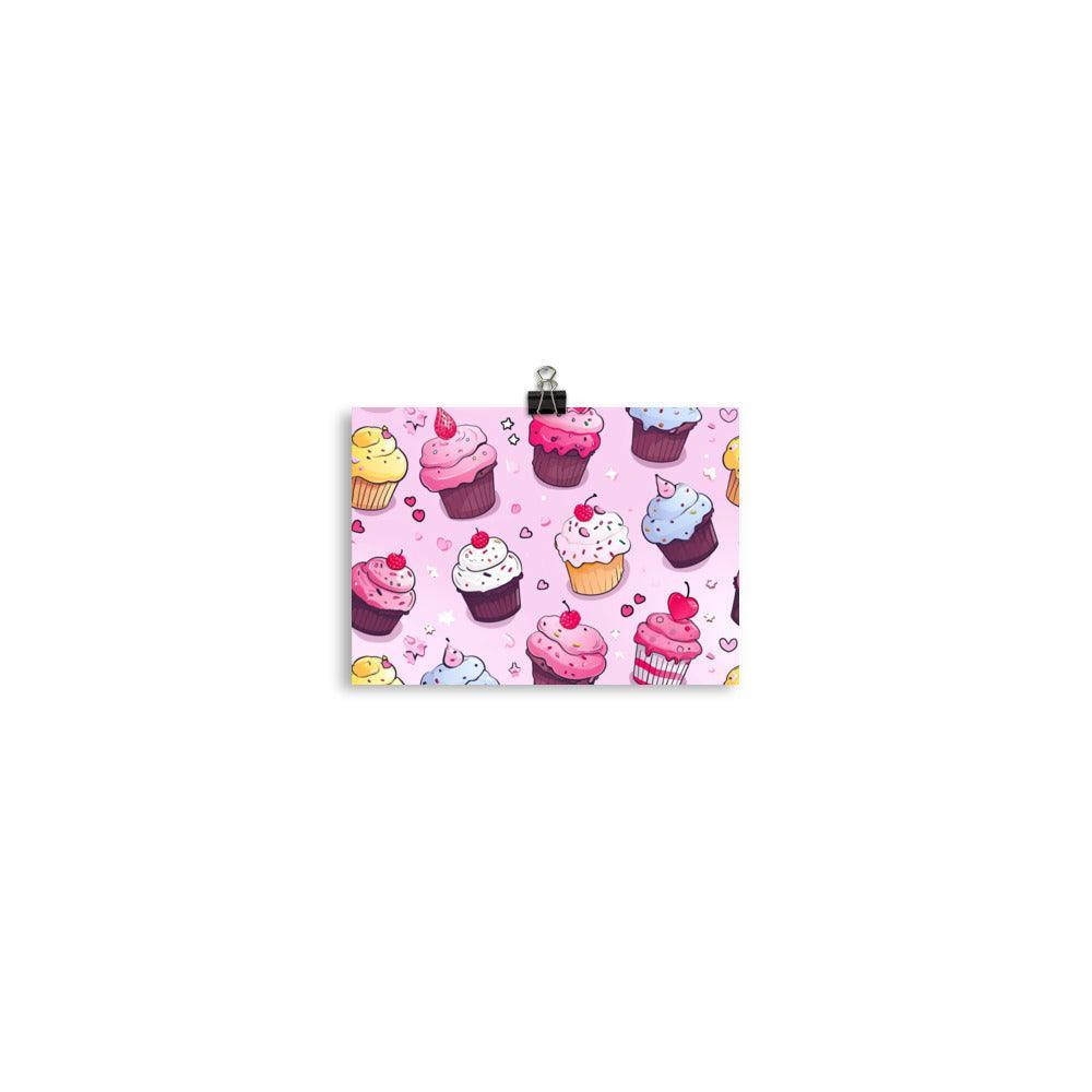 Delightful Kawaii Cupcakes with Sprinkles and Hearts Pattern on Pink Poster - Oh Posters