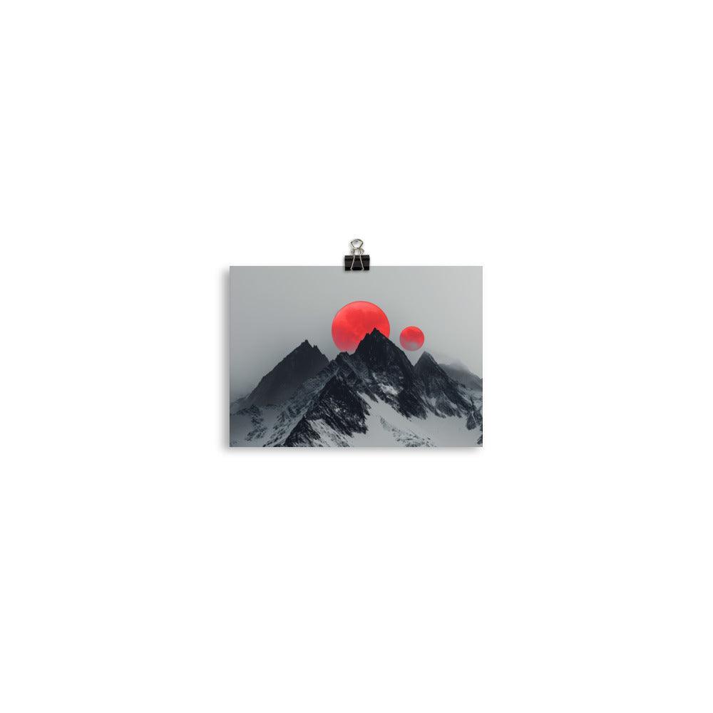 Extraterrestrial Red Moons Over Snowy Mountains Surreal Art Poster - Oh Posters