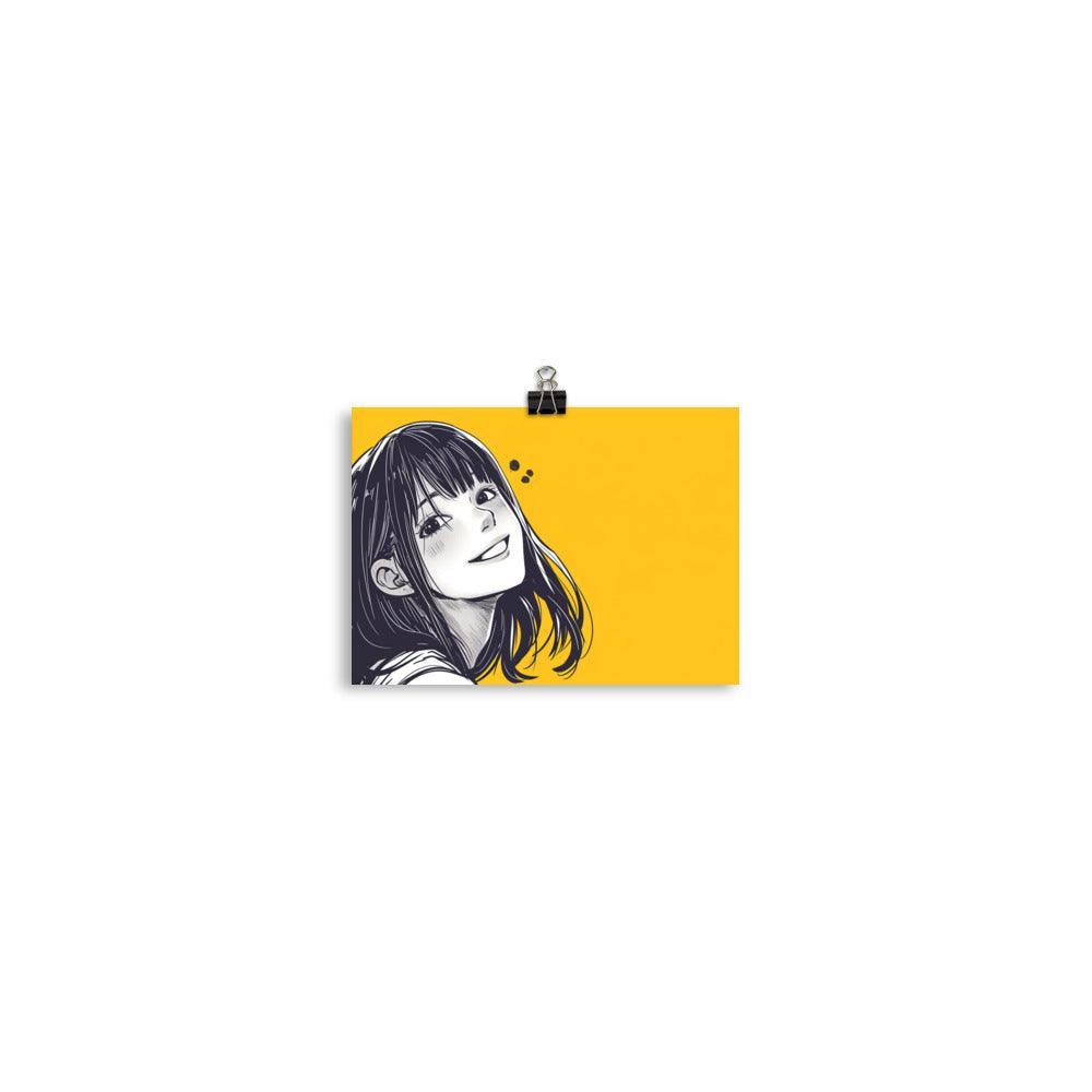 Cheerful Manga Girl Monochrome Portrait Yellow Background Poster - Oh Posters