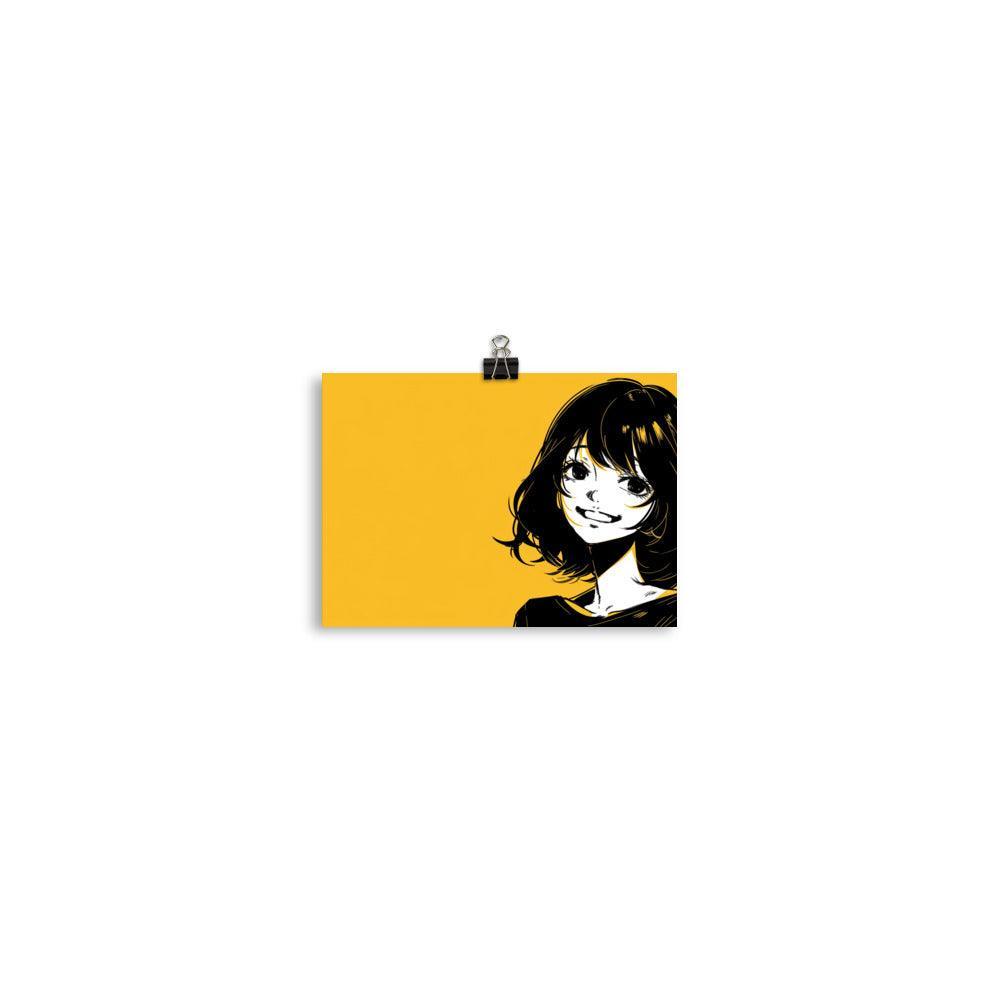 Japanese Manga Style Girl with Bob Cut Smiling Yellow Background Poster - Oh Posters