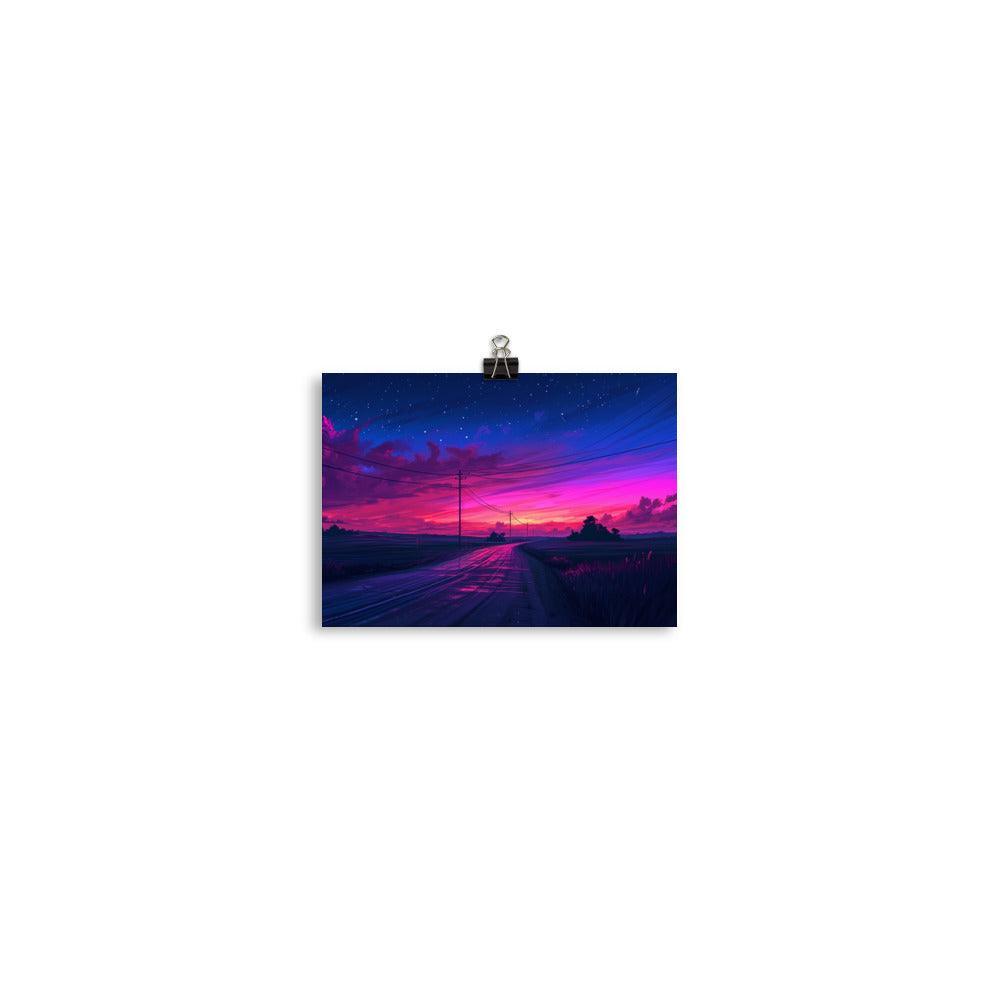 Dusk Road with Electricity Poles Vivid Digital Poster - Oh Posters