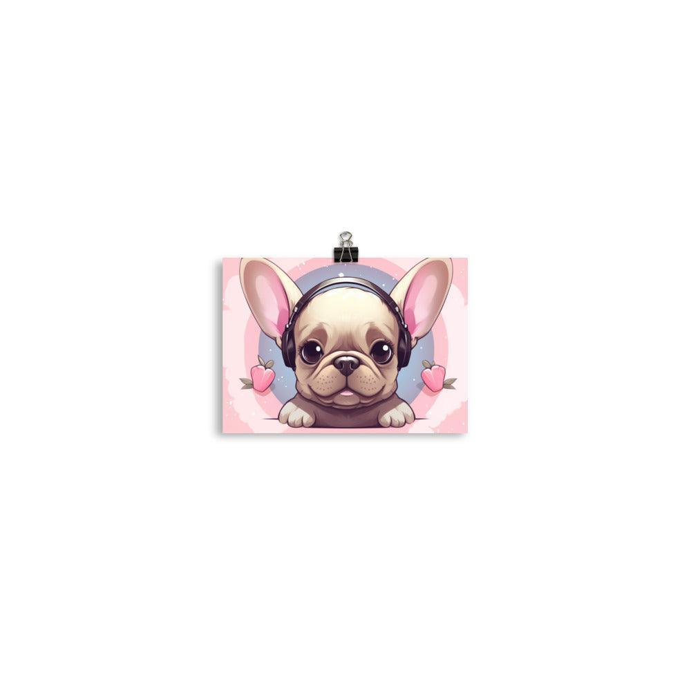 Fawn French Bulldog with Headphones Cute Pink Poster - Oh Posters