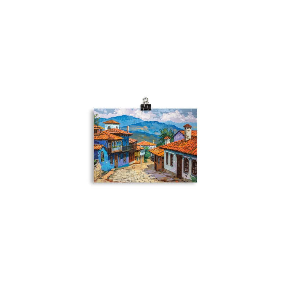 Bulgarian Village Blue Houses Oil Painting Poster - Oh Posters