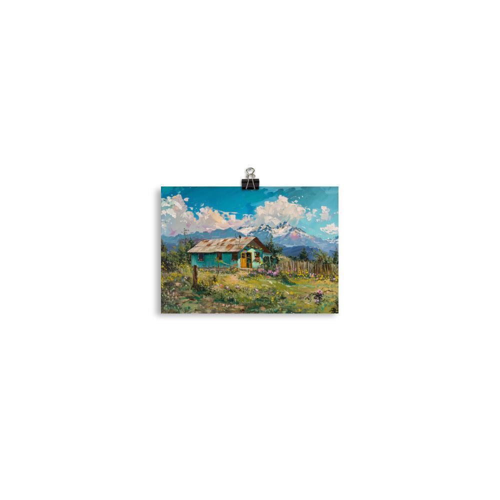 Chile Scenic Mountain Landscape with Colorful Cabin Oil Painting Poster - Oh Posters