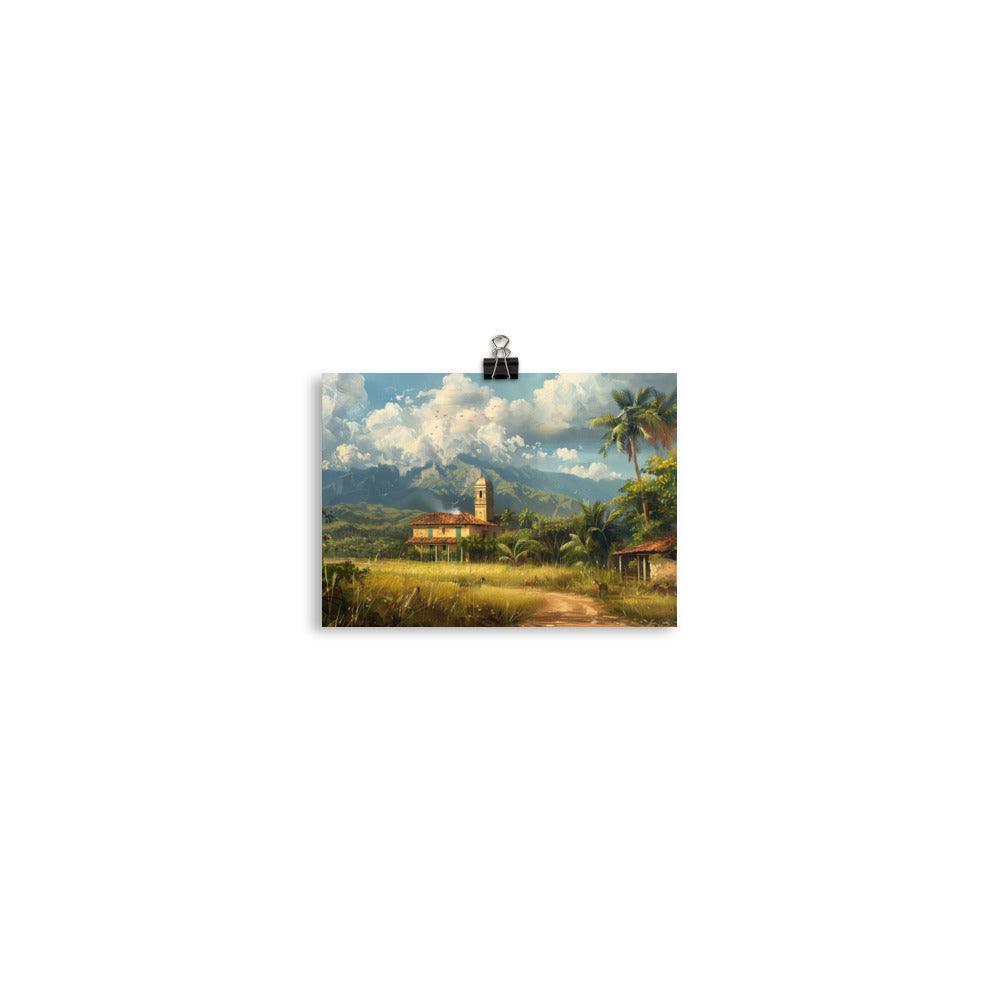 Cuba Rural Landscape with Church and Mountains Painting Poster - Oh Posters