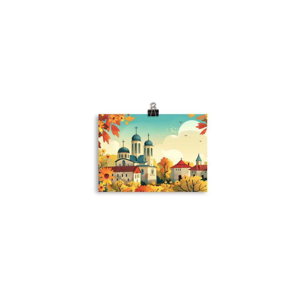 Moldova Tranquil Orthodox Church in Flowering Countryside Poster - Oh Posters