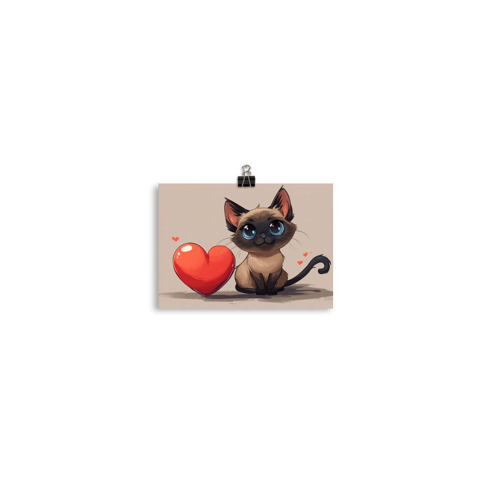 Cute Siamese Cat Cartoon Love Heart Illustration Poster - Oh Posters