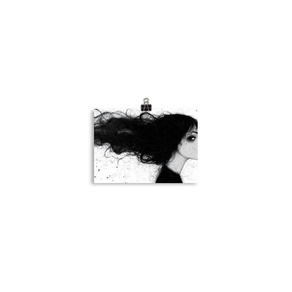 Female Silhouette with Dramatic Hair Flow Black and White Sketch Poster - Oh Posters