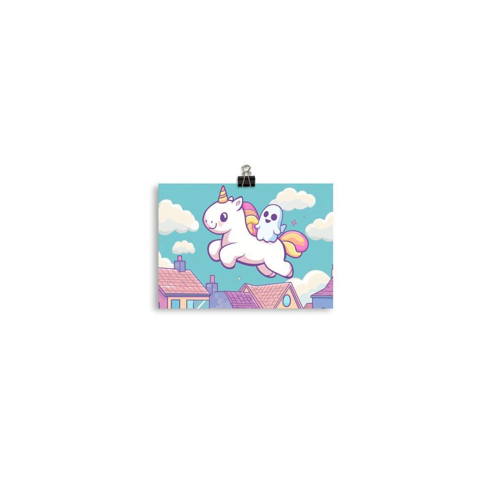 Kawaii Unicorn and Ghost Floating Above Colorful Town Digital Art Poster - Oh Posters