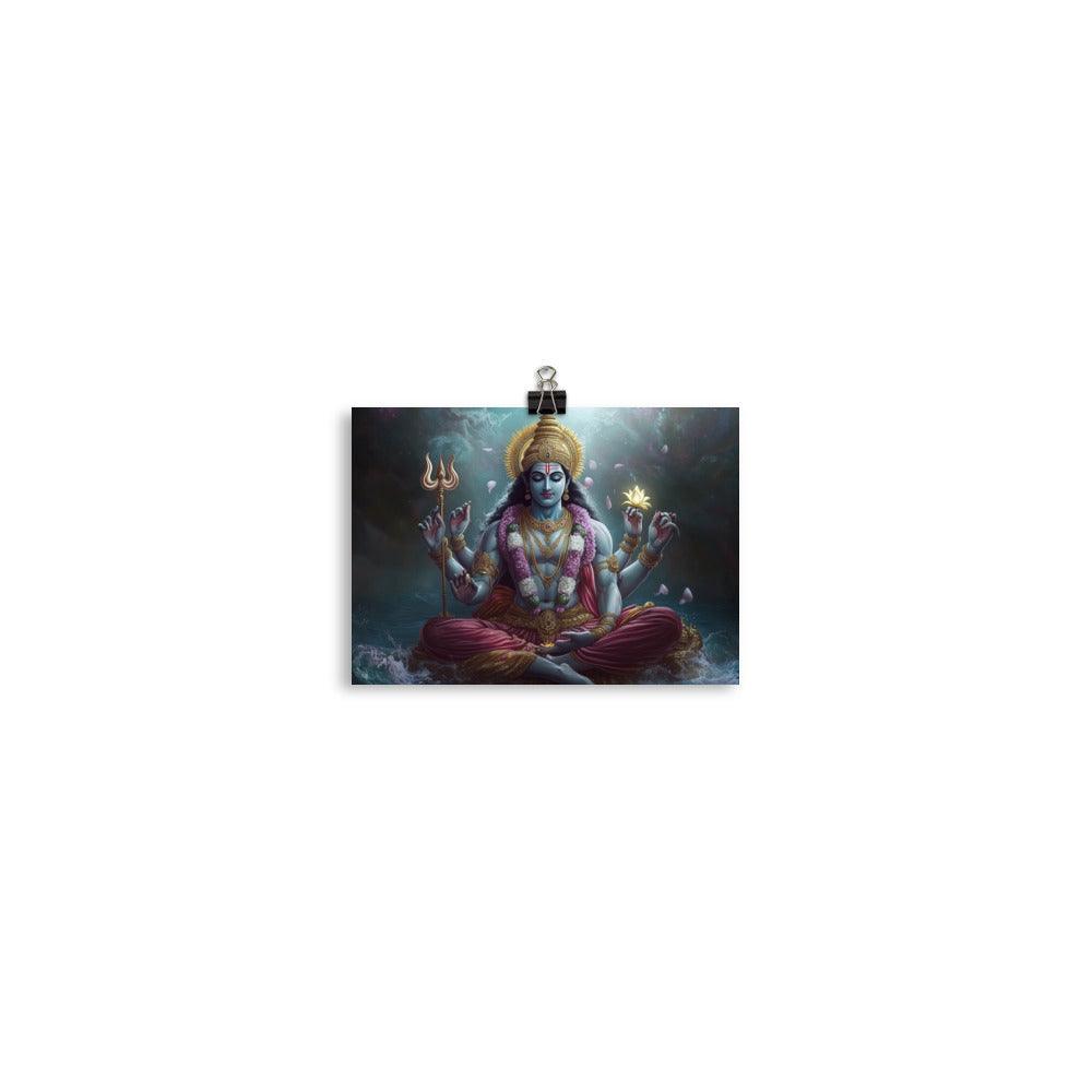 Meditative Vishnu with Trident and Lotus Divine Cosmic Illustration Poster - Oh Posters