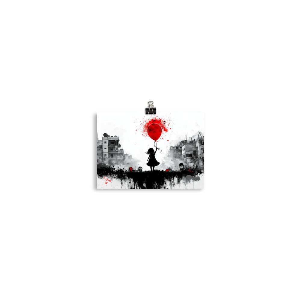 Girl with Red Balloon Amidst Urban Destruction Palestine Poster - Oh Posters