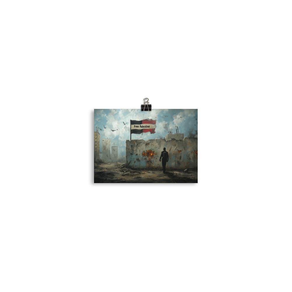 Free Palestine Flag in War-Torn Cityscape Poster - Oh Posters