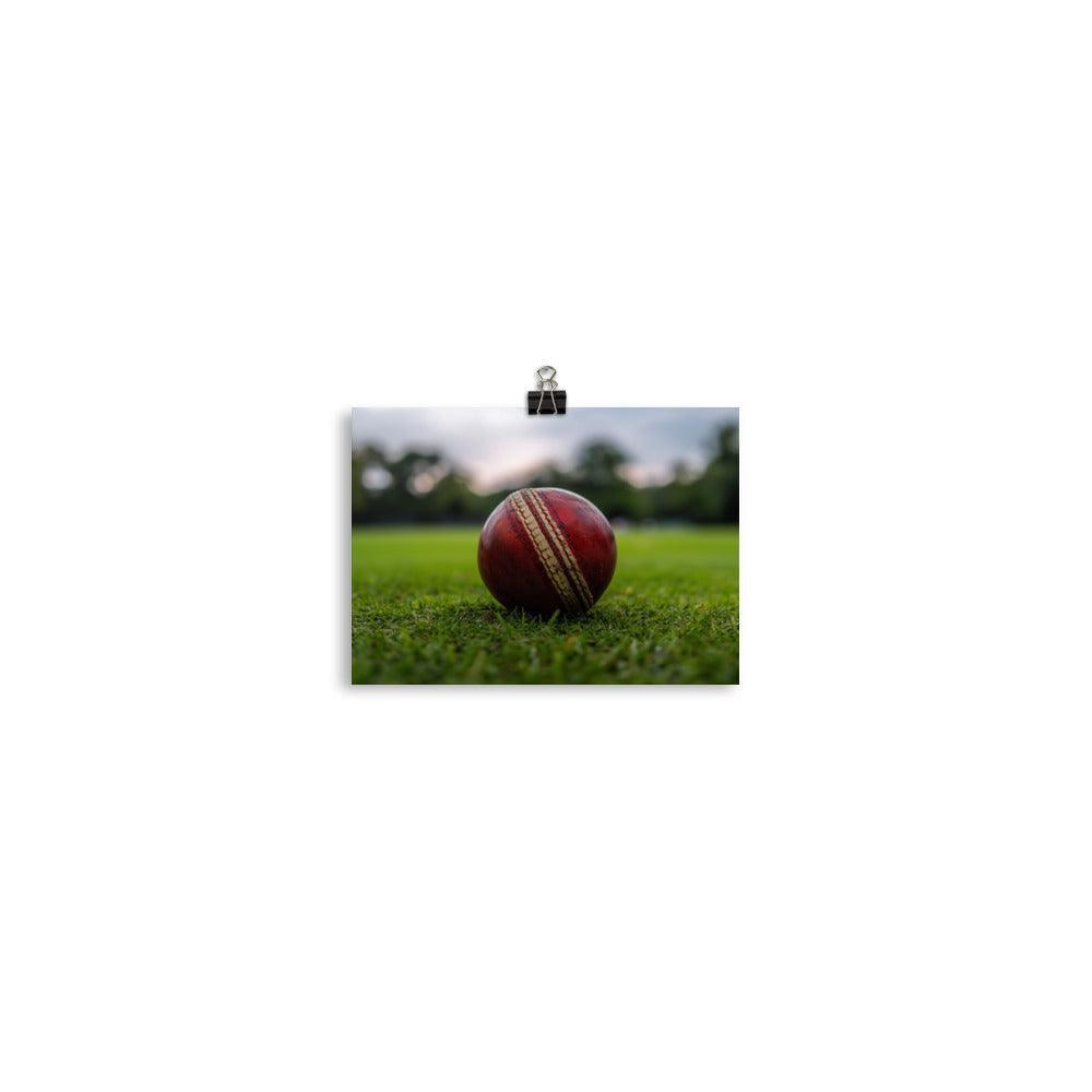 Close-Up Cricket Ball on Green Grass Field Poster - Oh Posters