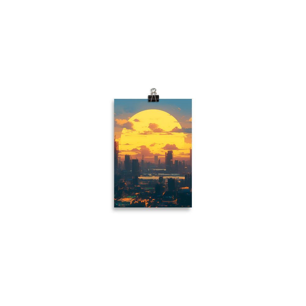 Futuristic Cityscape at Sunrise with Giant Sun and Towering Skyscrapers Digital Art Poster - Oh Posters