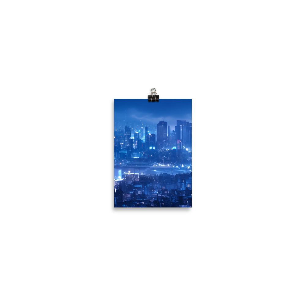 Futuristic Blue Cityscape with Neon Signs and Modern Architecture Art Poster - Oh Posters