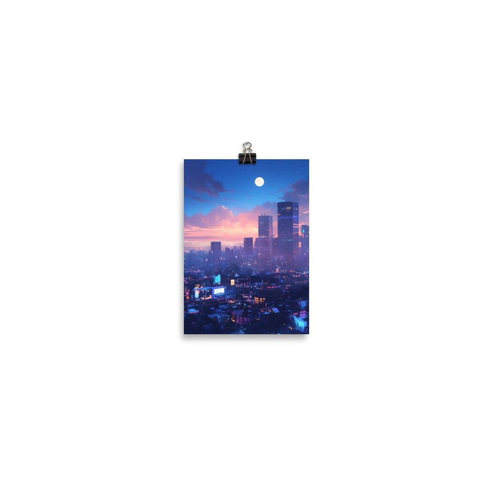 Illuminated City Skyline at Twilight with Full Moon and Vibrant Colors Art Poster - Oh Posters