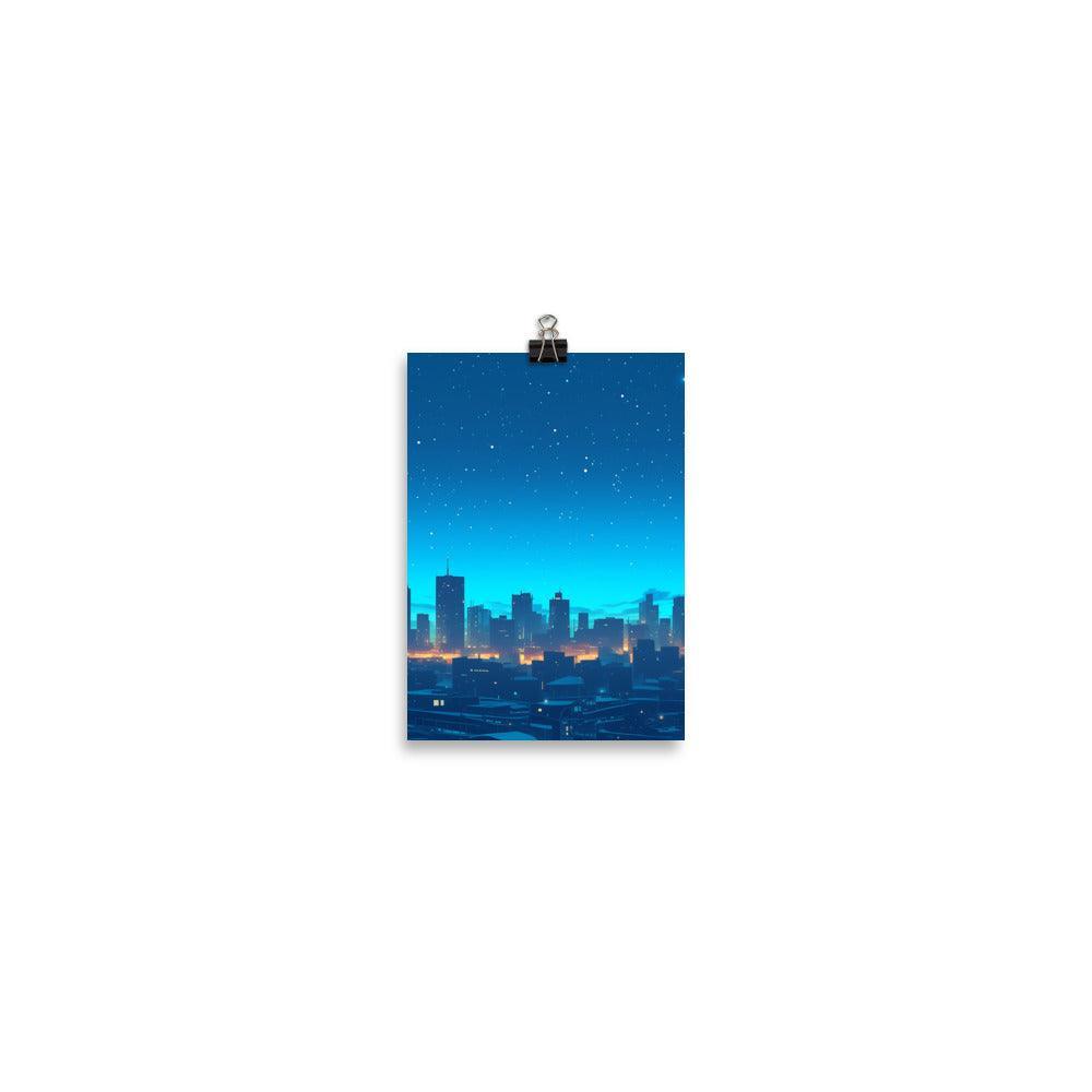 Starry Night Over City with Skyline Lights Calm Blue Atmosphere Art Poster - Oh Posters