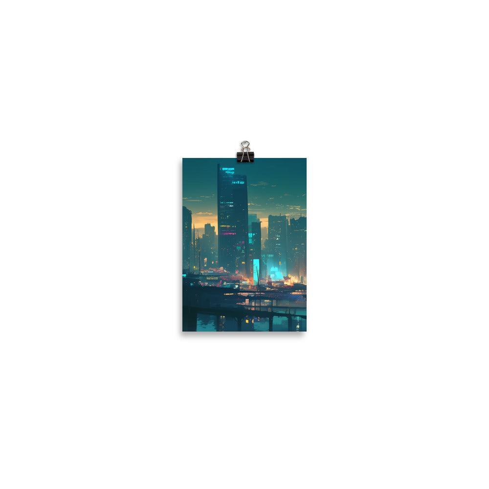 Evening Skyline with Skyscrapers and Warm Glow Futuristic Digital Art Poster - Oh Posters