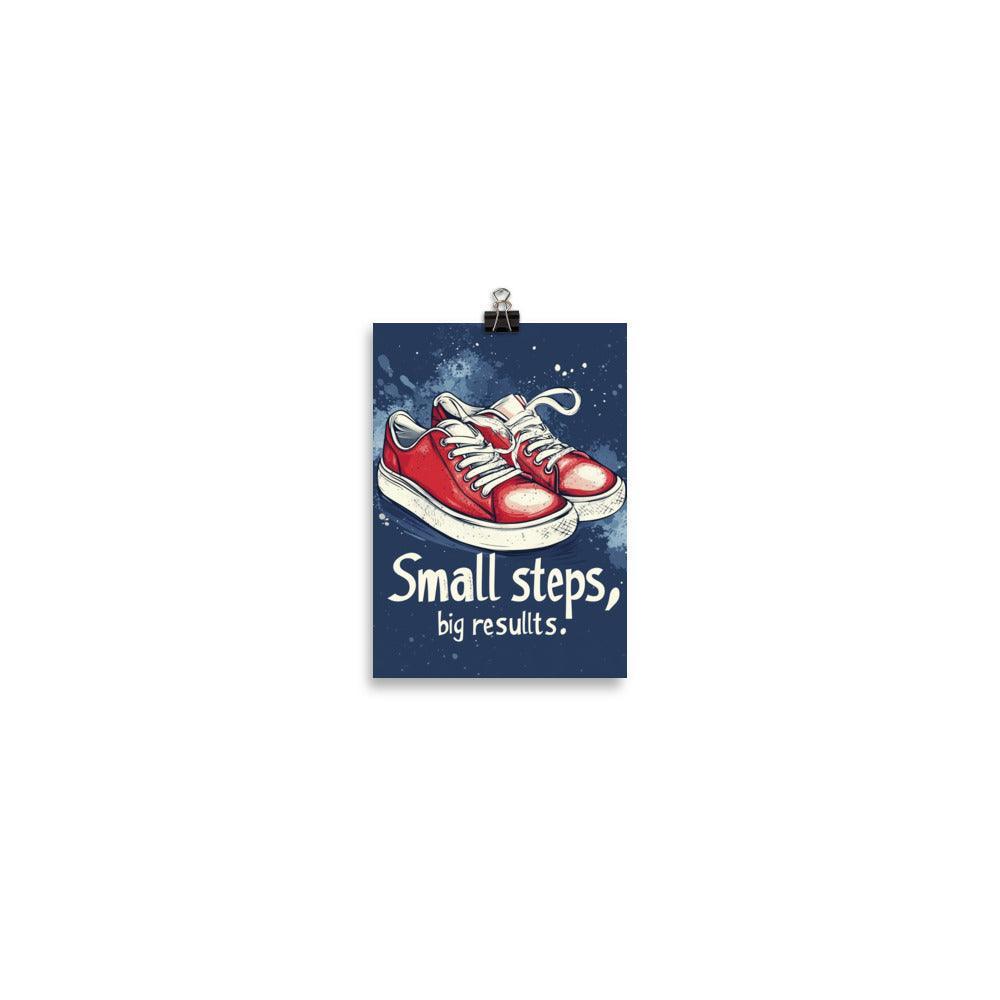 Small Steps Big Results Red Sneakers on Blue Background Poster - Oh Posters