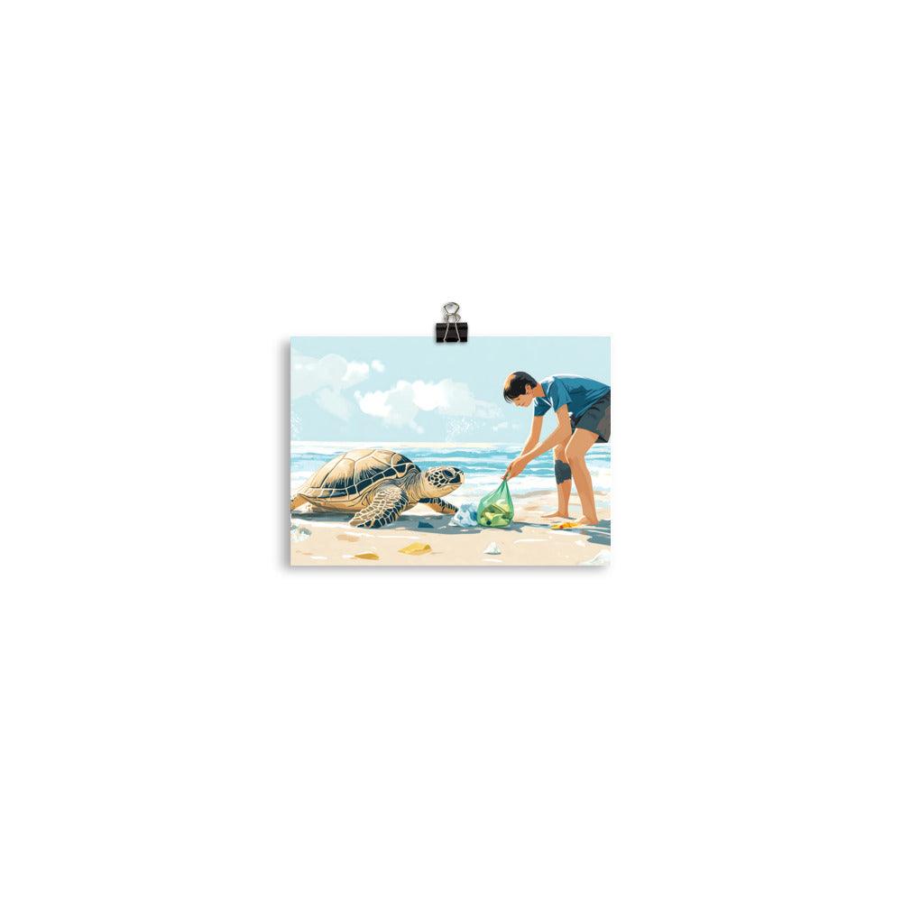 Beach Cleanup Turtle Teamwork Protecting Ocean Wildlife Together Poster - Oh Posters