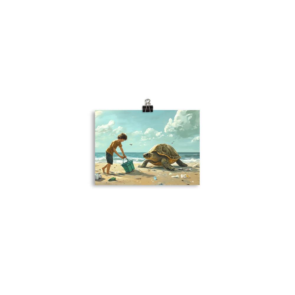 Beach Cleanup Turtle and Kid Inspiring Coastal Conservation Art Poster - Oh Posters