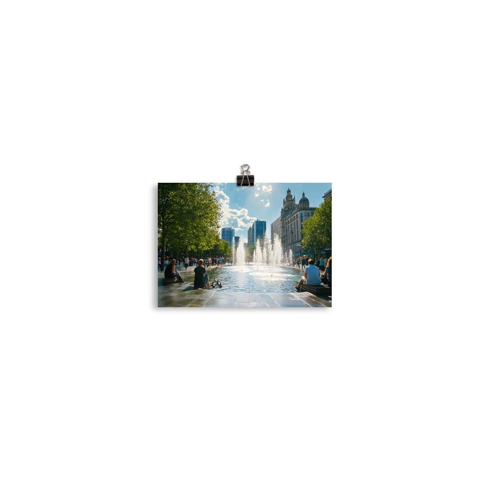 Manchester Skyline Urban Relaxation with Fountain and City Vibes Poster - Oh Posters
