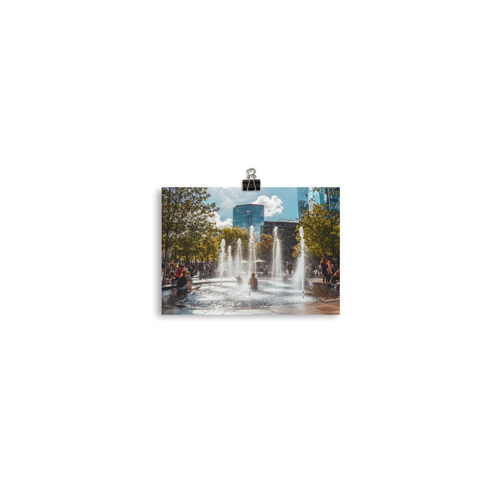 Vibrant Manchester Cityscape with Fountains and Urban Charm Poster - Oh Posters