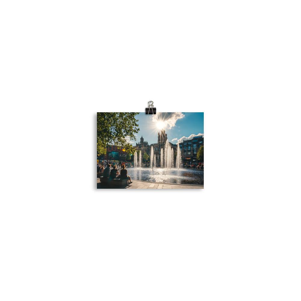 Manchester Cityscape Sunlit Fountains Afternoon Poster - Oh Posters