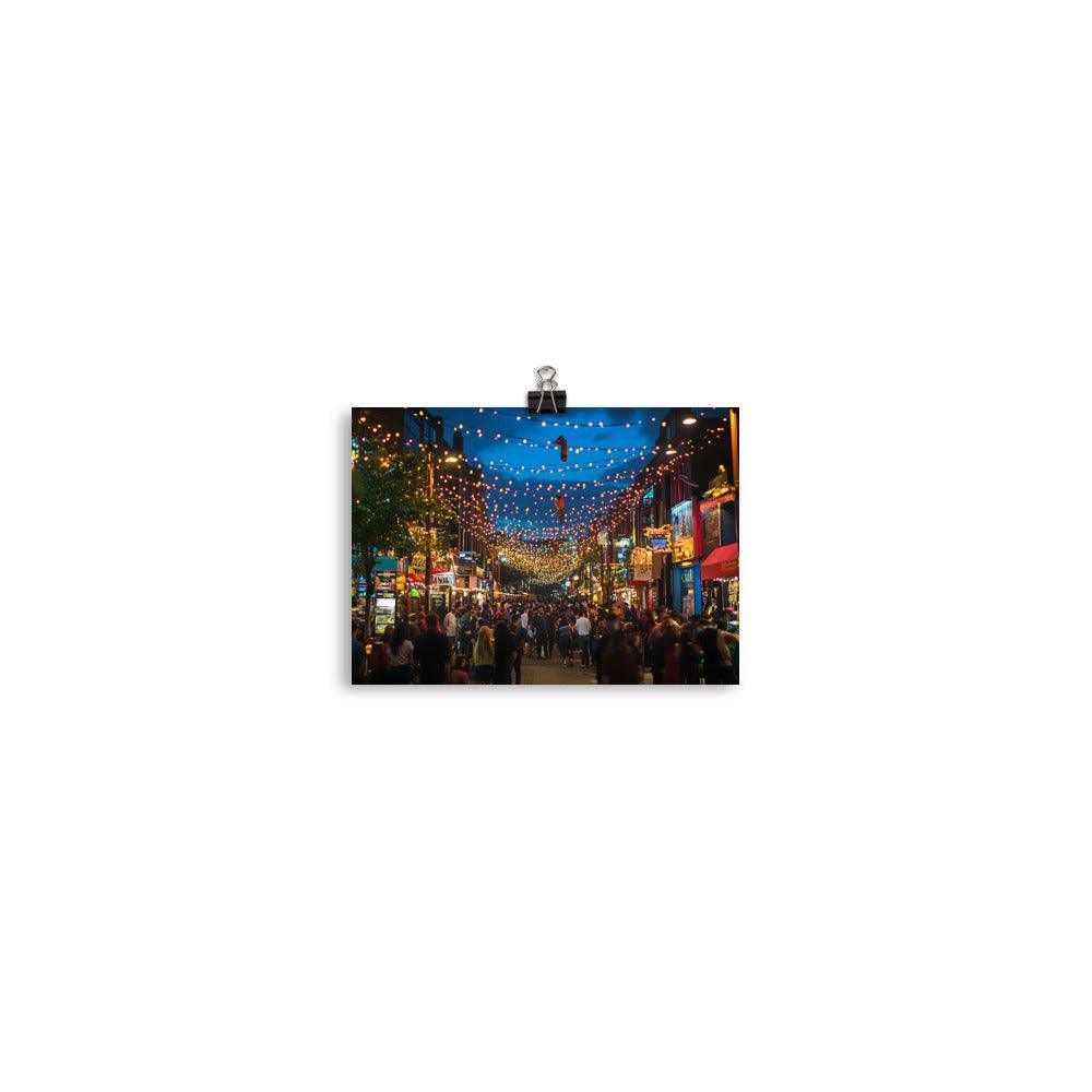 Manchester City Nightlife Street View with Festive Lights Poster - Oh Posters