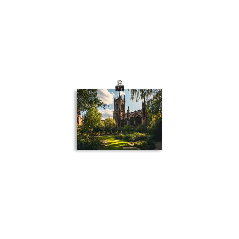 Manchester Cathedral Tranquil Garden View in Warm Sunlight Poster - Oh Posters