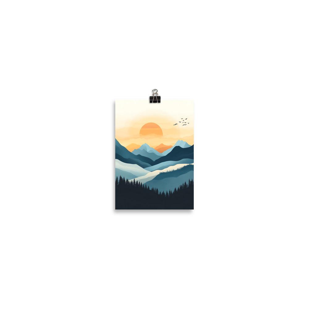 Boho Mountain Sunset Landscape with Birds and Forest Silhouette Poster - Oh Posters