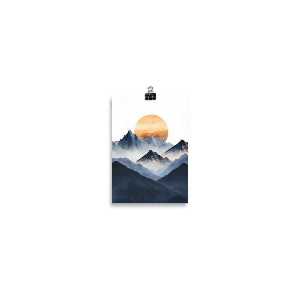 Boho Mountain Sunrise with Serene Peaks and Warm Sun Poster - Oh Posters