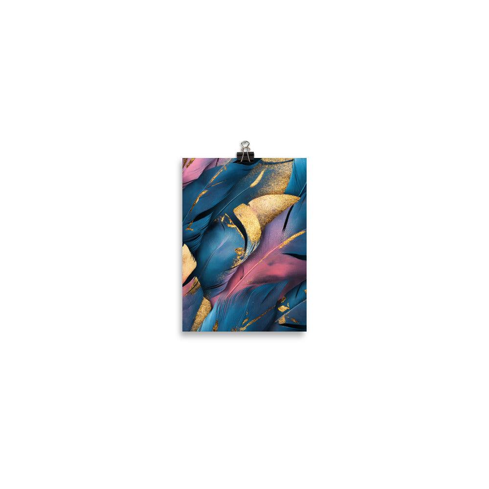 Boho Feather Vibes with Gold and Blue Hues Poster - Oh Posters