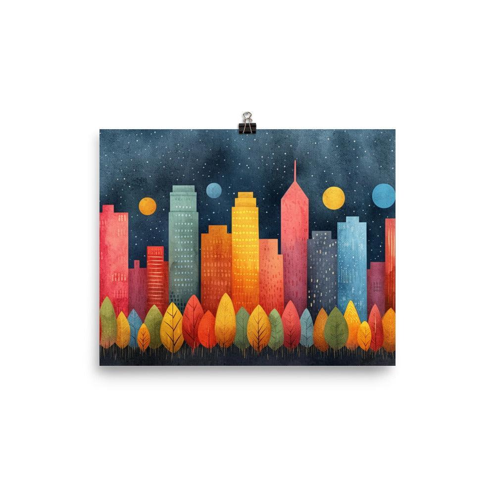 Colorful City Skyline with Night Sky Drawing Style Poster - Oh Posters