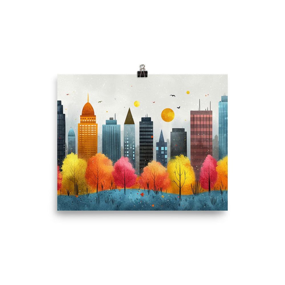 Colorful City Skyline with Cloudy Sky Drawing Style Poster - Oh Posters