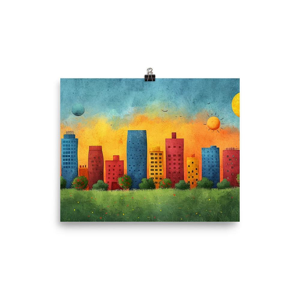 Colorful Urban City Skyline with Sunny Sky Drawing Style Poster - Oh Posters