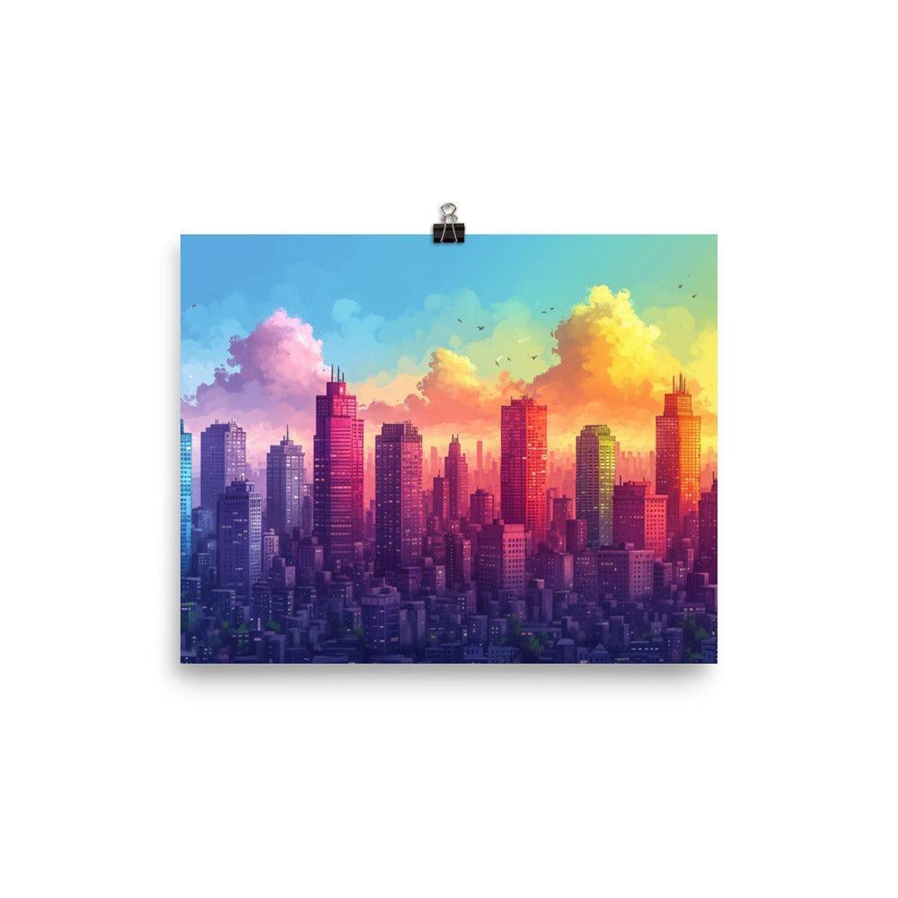 Colorful Mega City Skyline with Sunrise Sky Drawing Style Poster - Oh Posters