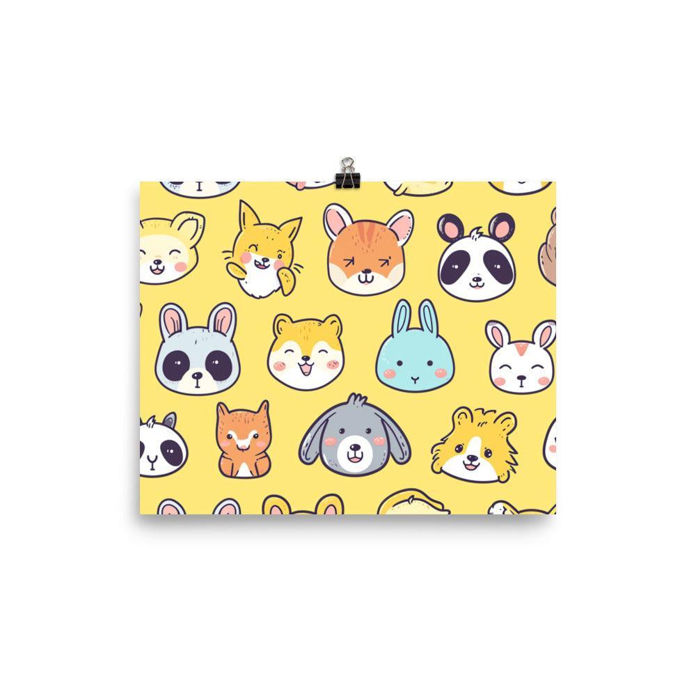 Kawaii Animal Faces Cute and Colorful Collection on Yellow Poster - Oh Posters