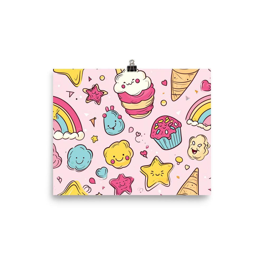 Kawaii Sweet Treats and Rainbows Pattern Cute Illustration on Pink Poster - Oh Posters