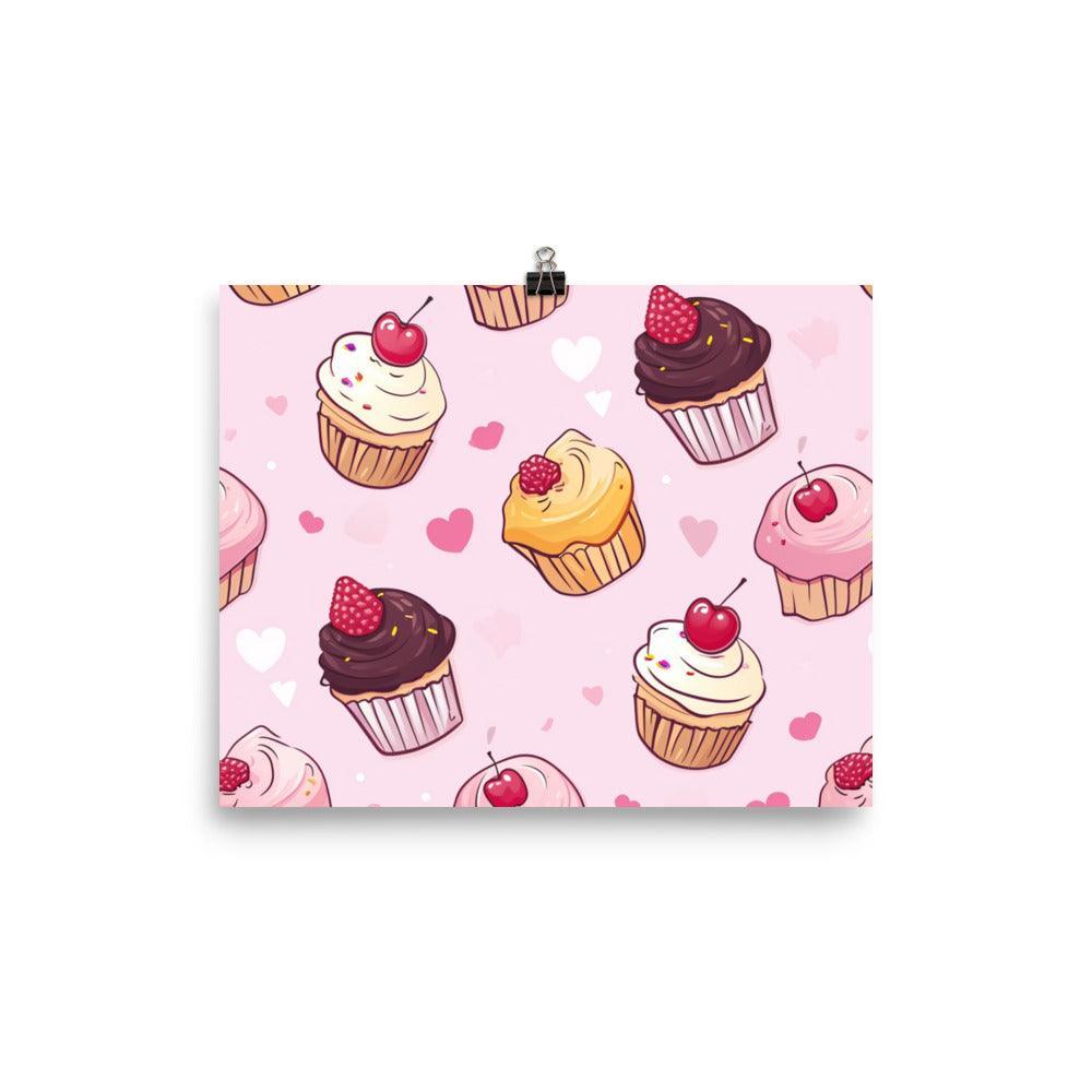 Kawaii Cute Cupcakes with Hearts Pattern on Pink Poster - Oh Posters